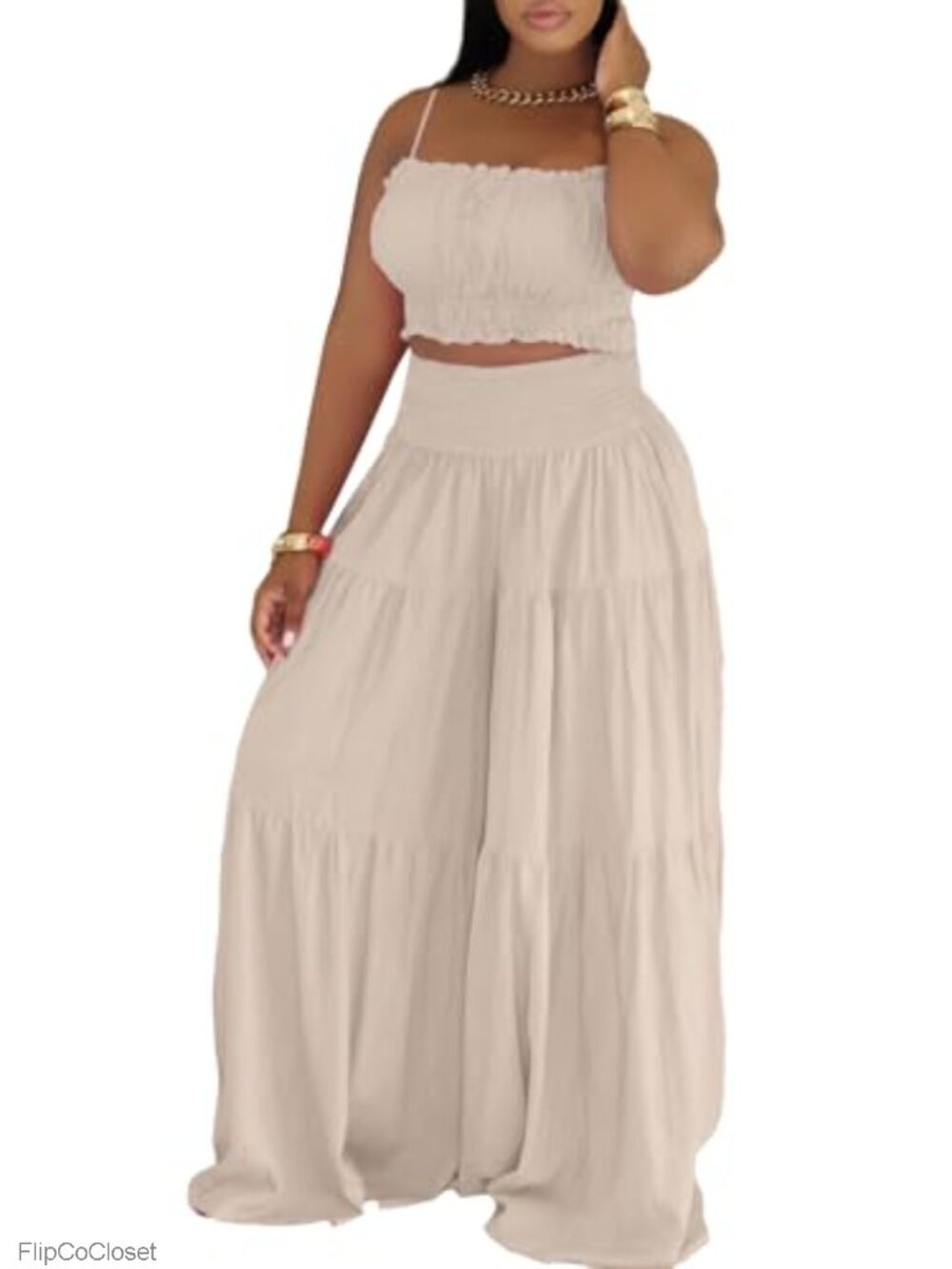 Womens 2 Piece Set Sleeveless Crop Top Wide Leg Palazzo Pants Lounge